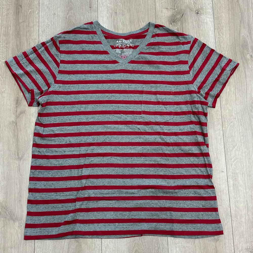 Arizona Jean Company striped V-neck T Shirt Tee Red Gray XL B18